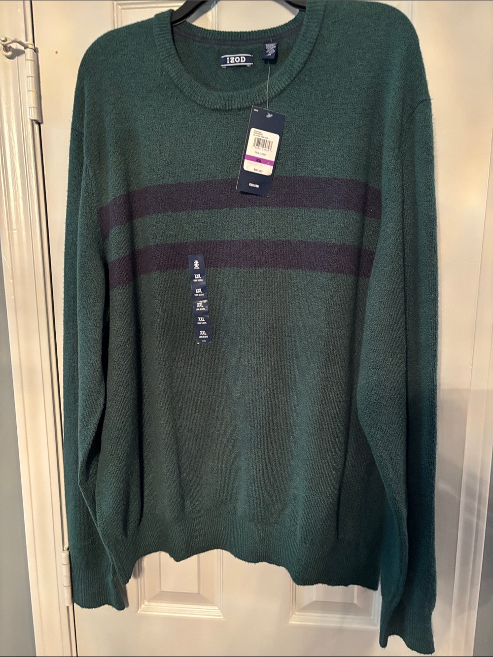 Izod Rain Forest Green Crewneck Sweater with Blue Stripes NWT